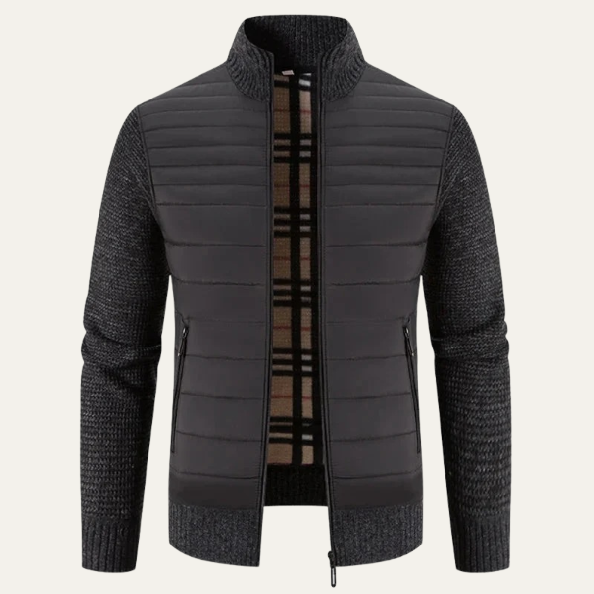 Beau | Men's Quilted Puffer Jacket Gray Knit Sleeves