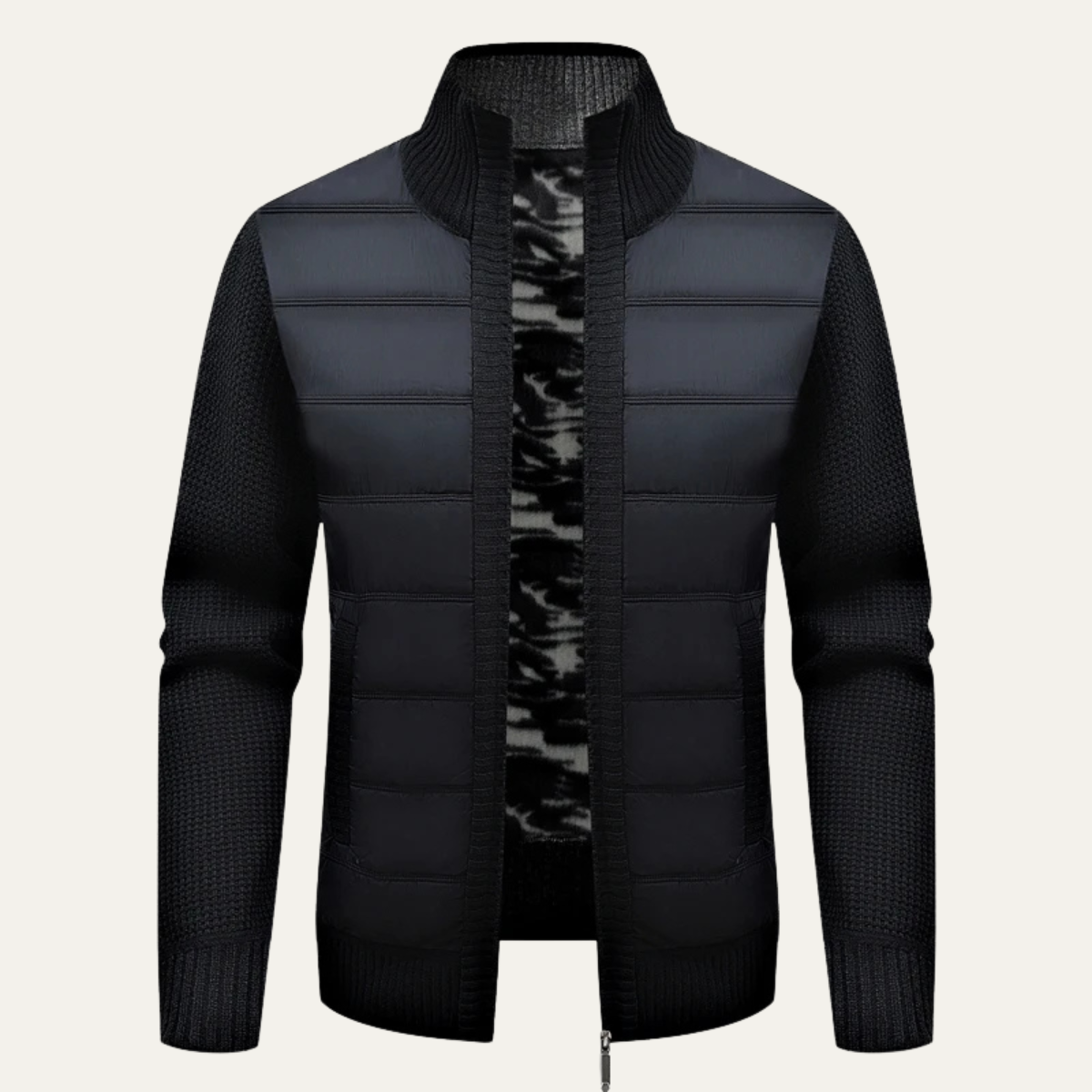 Rhys | Men's Quilted Puffer Jacket Black Knit Sleeves Zip Up