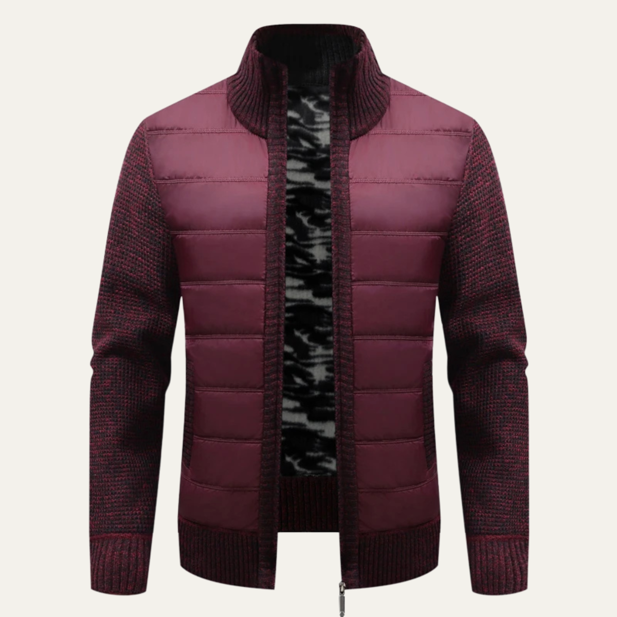 Rhys | Men's Quilted Puffer Jacket Black Knit Sleeves Zip Up