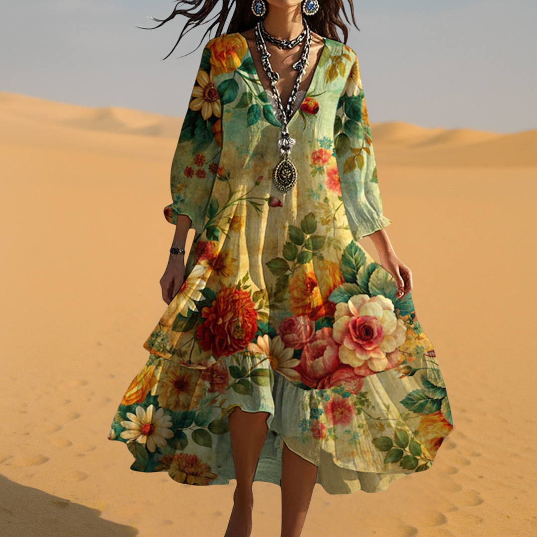 Cleo | Women's Floral Midi Dress V Neck Long Sleeve Cream