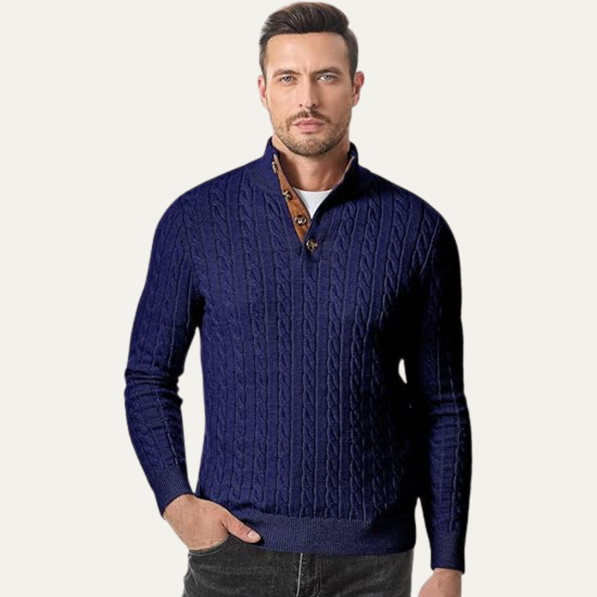 Bram | Men's Cable Knit Sweater Black Elbow Patch Quarter Zip