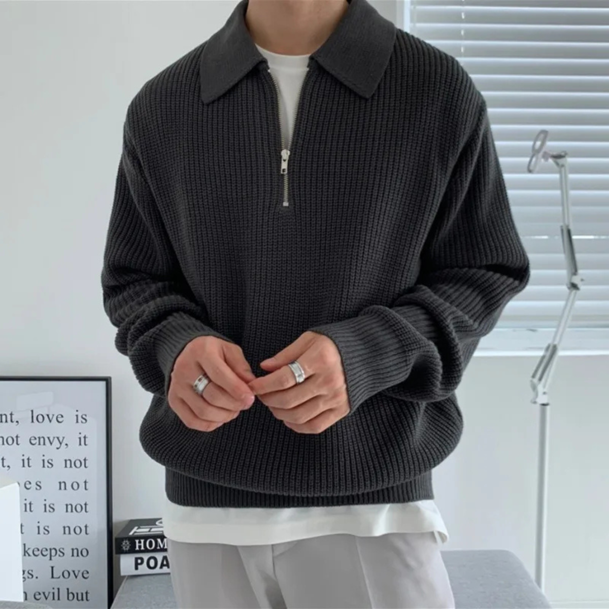 Ash | Men's Quarter Zip Sweater Cream Waffle Knit