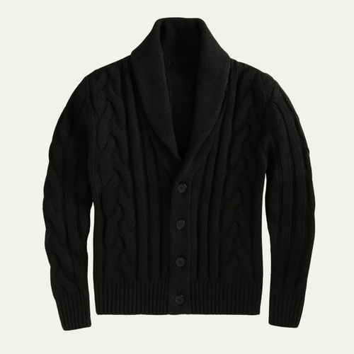 Dama Washington Axel men's cable knit cardigan black shawl collar button up - front view