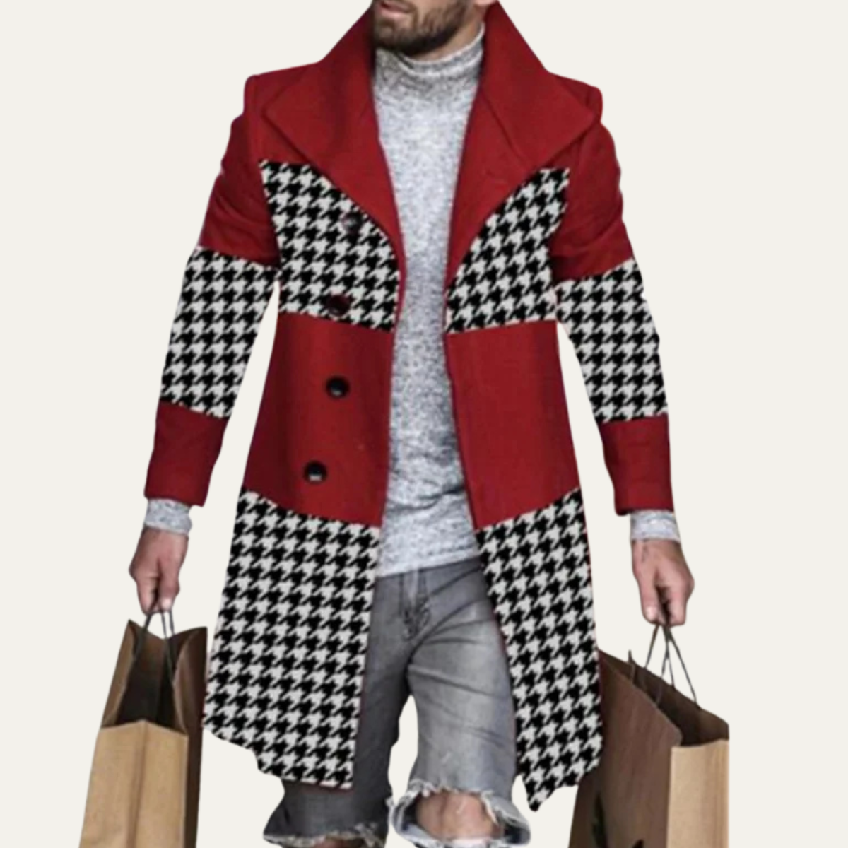 Bram | Men's Houndstooth Patchwork Coat Red And Cream