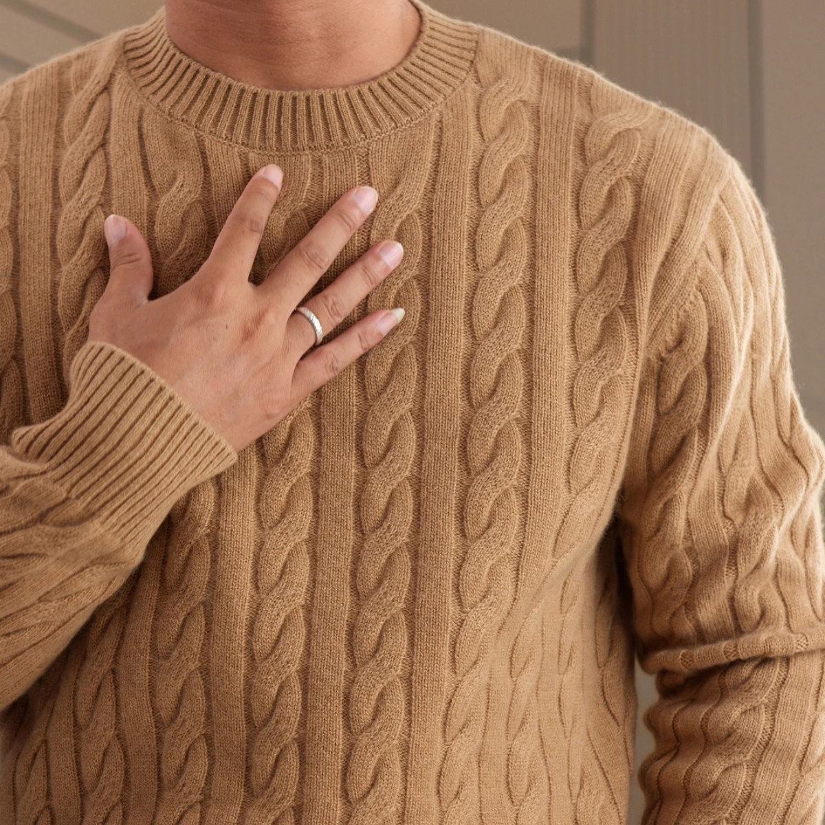 Mia | Men's Cable Knit Sweater Cream Crew Neck