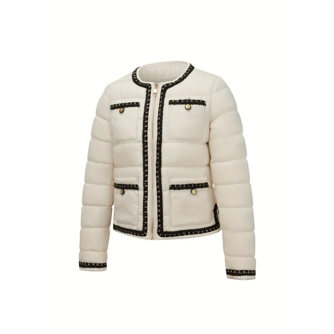 Cleo | Women's Cropped Puffer Jacket Cream Black Trim