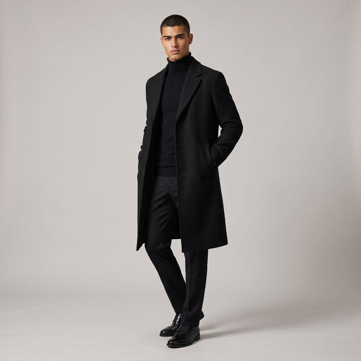 Dama Washington Voss men's overcoat black wool long single breasted - model front view