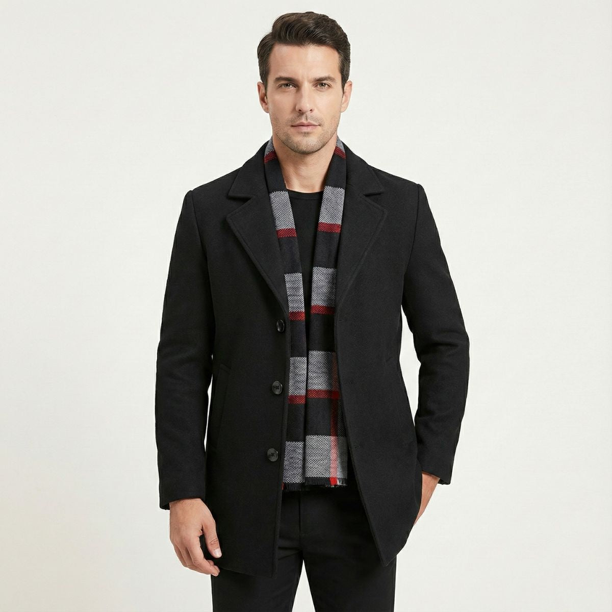 Callum | Men's Wool Overcoat Black With Striped Scarf Collar