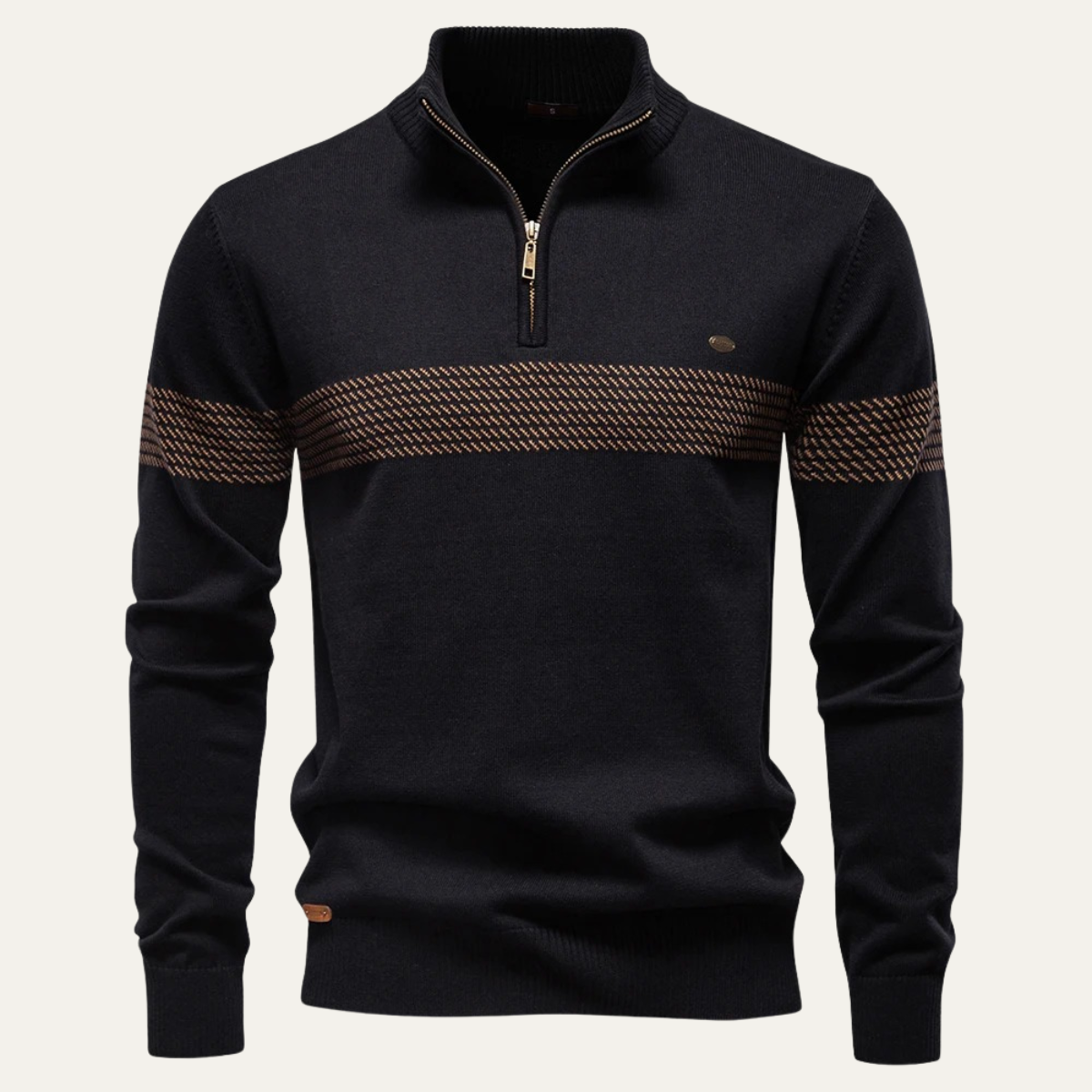 Bram | Men's Quarter Zip Sweater Black Tan Stripe Knit