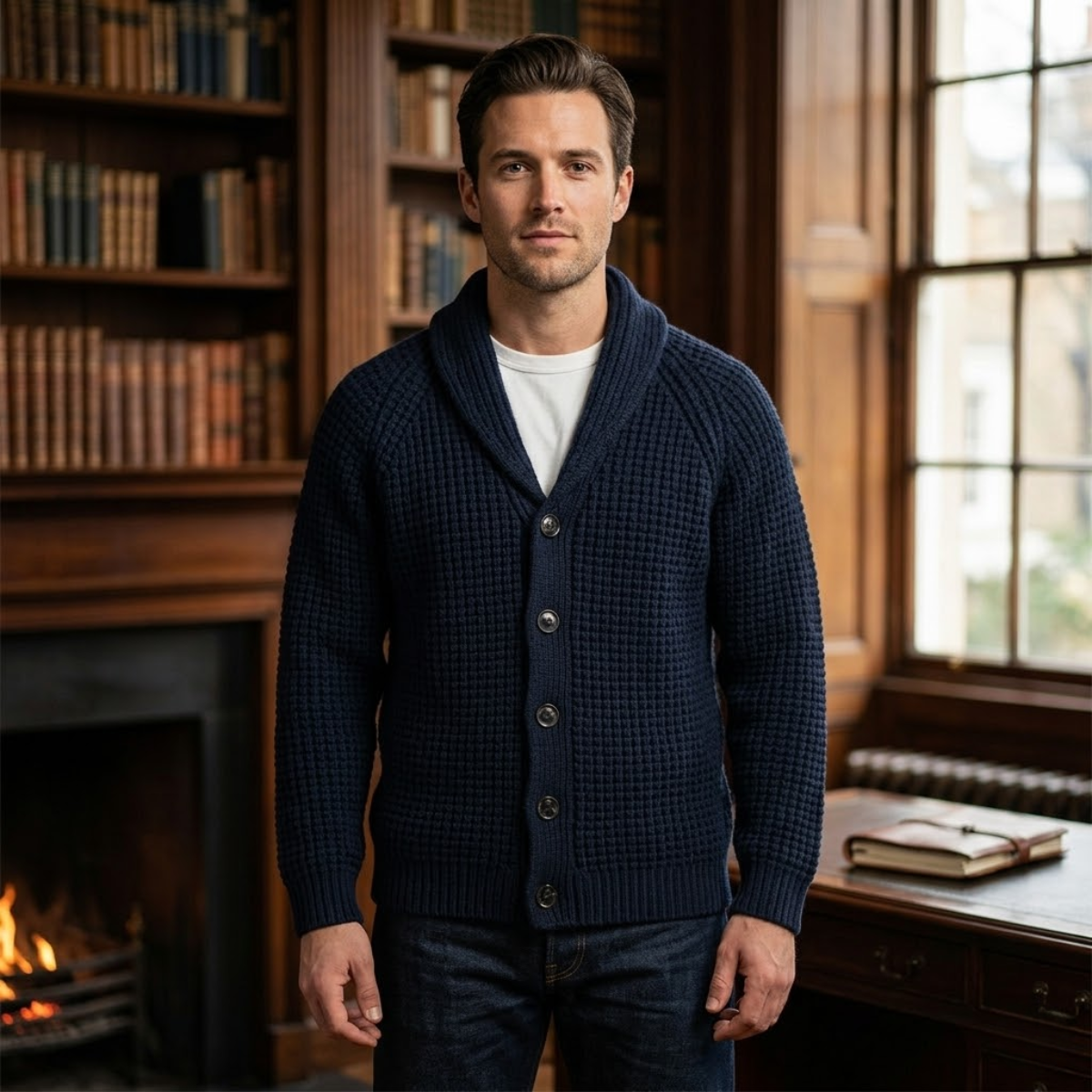 Bram | Men's Cardigan Navy Waffle Knit Button Front