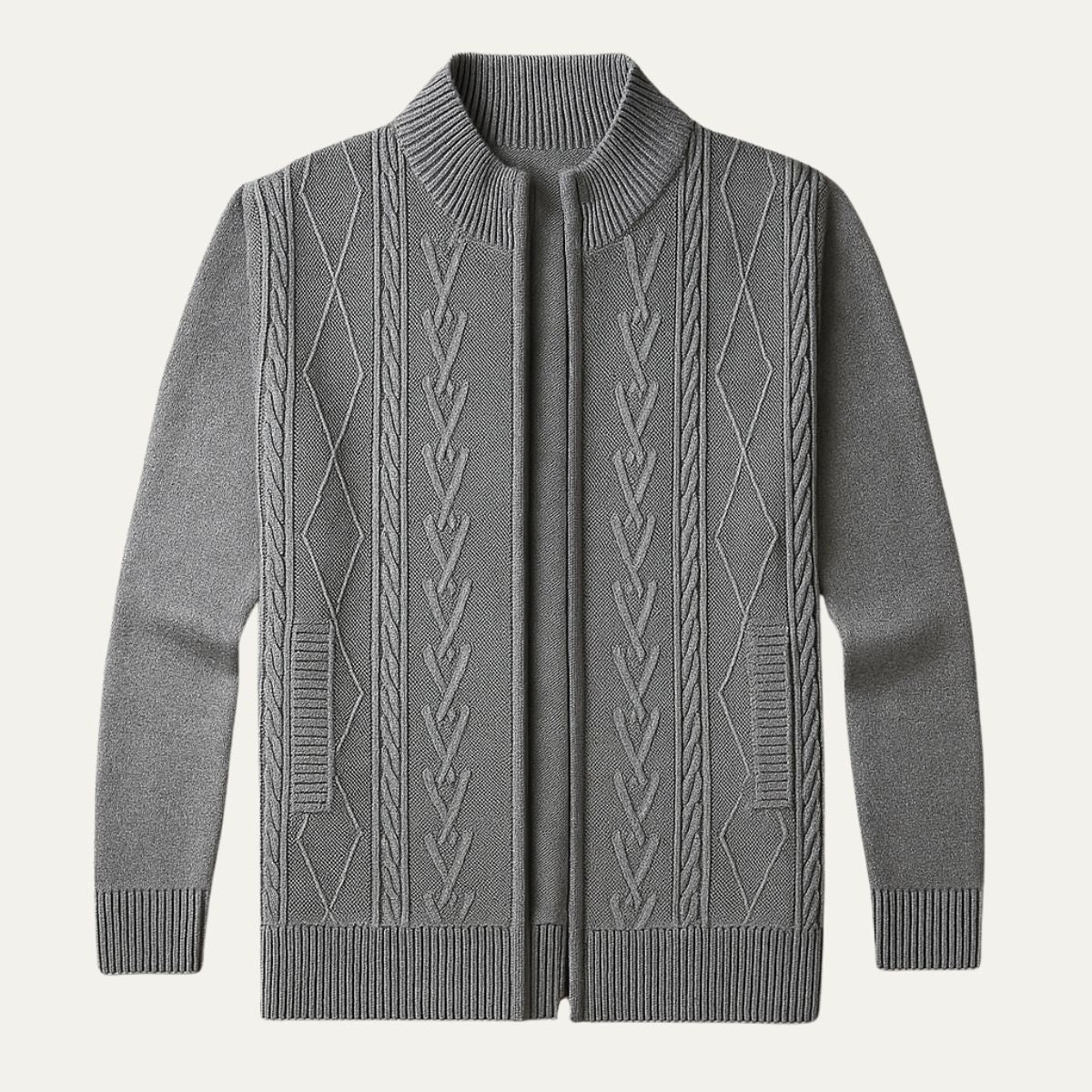 Rowan | Men's Cable Knit Cardigan Gray Full Zip