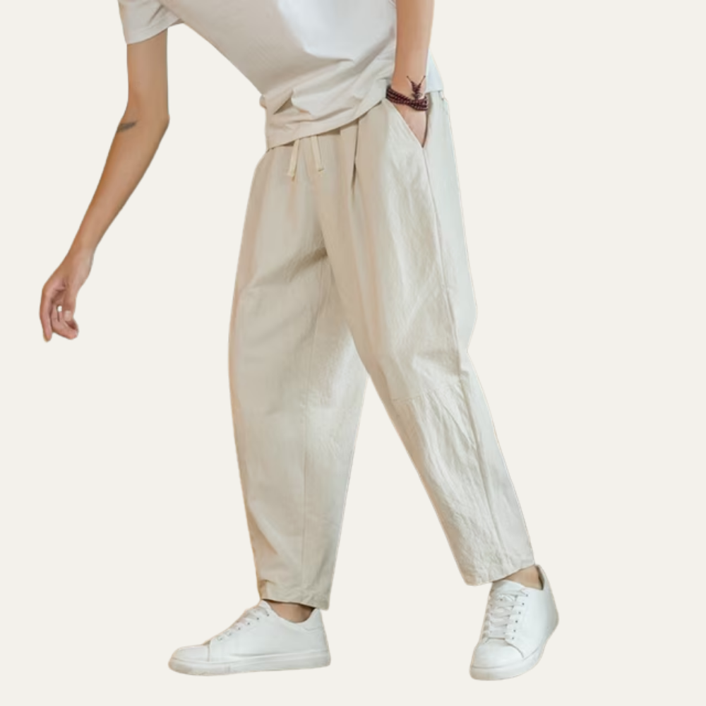 Dama Washington Beau men's linen pants cream loose fit drawstring - front view