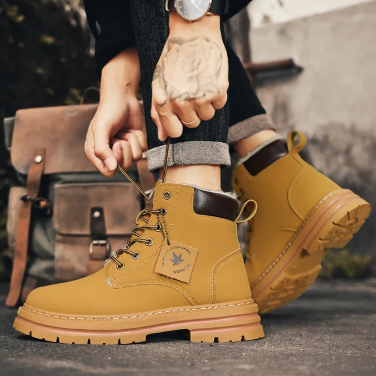 Beau | Men's Lace Up Work Boot Tan Platform Sole
