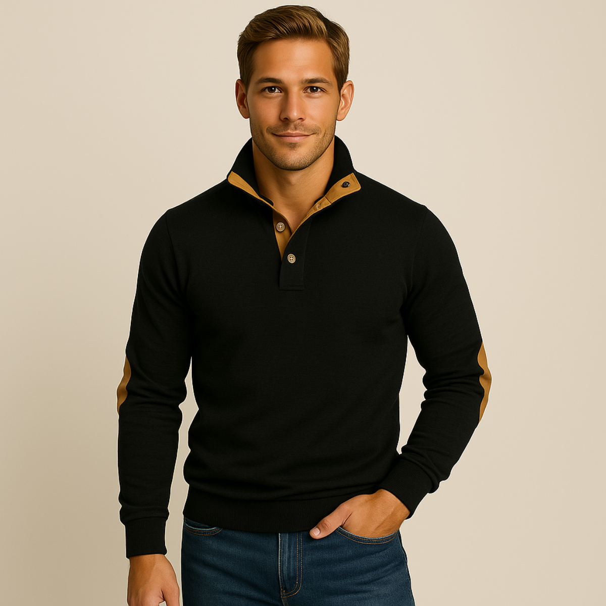 Demi | Men's Quarter Zip Sweater Navy Elbow Patch