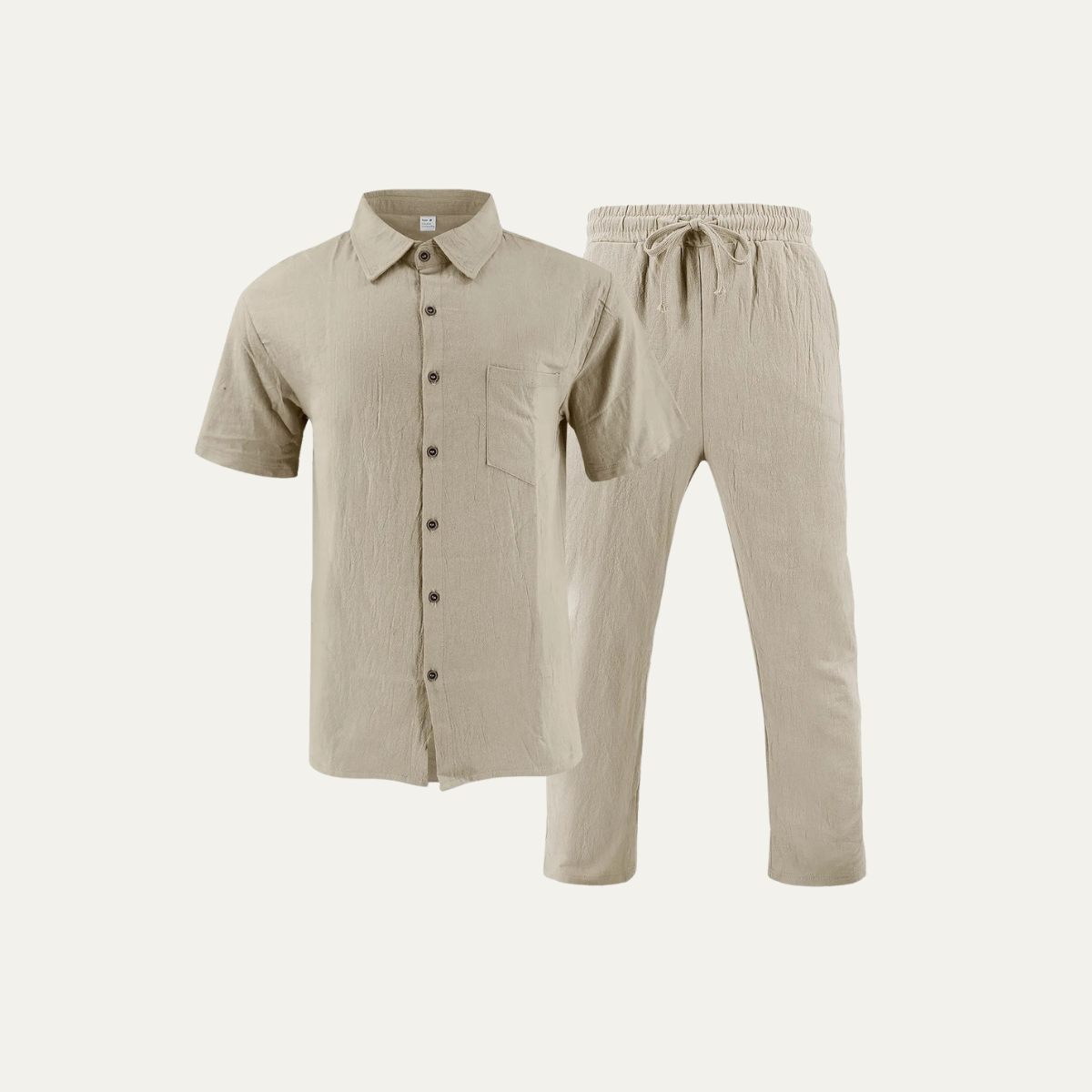 Dama Washington Odin men's linen set cream short sleeve shirt drawstring pants - front view