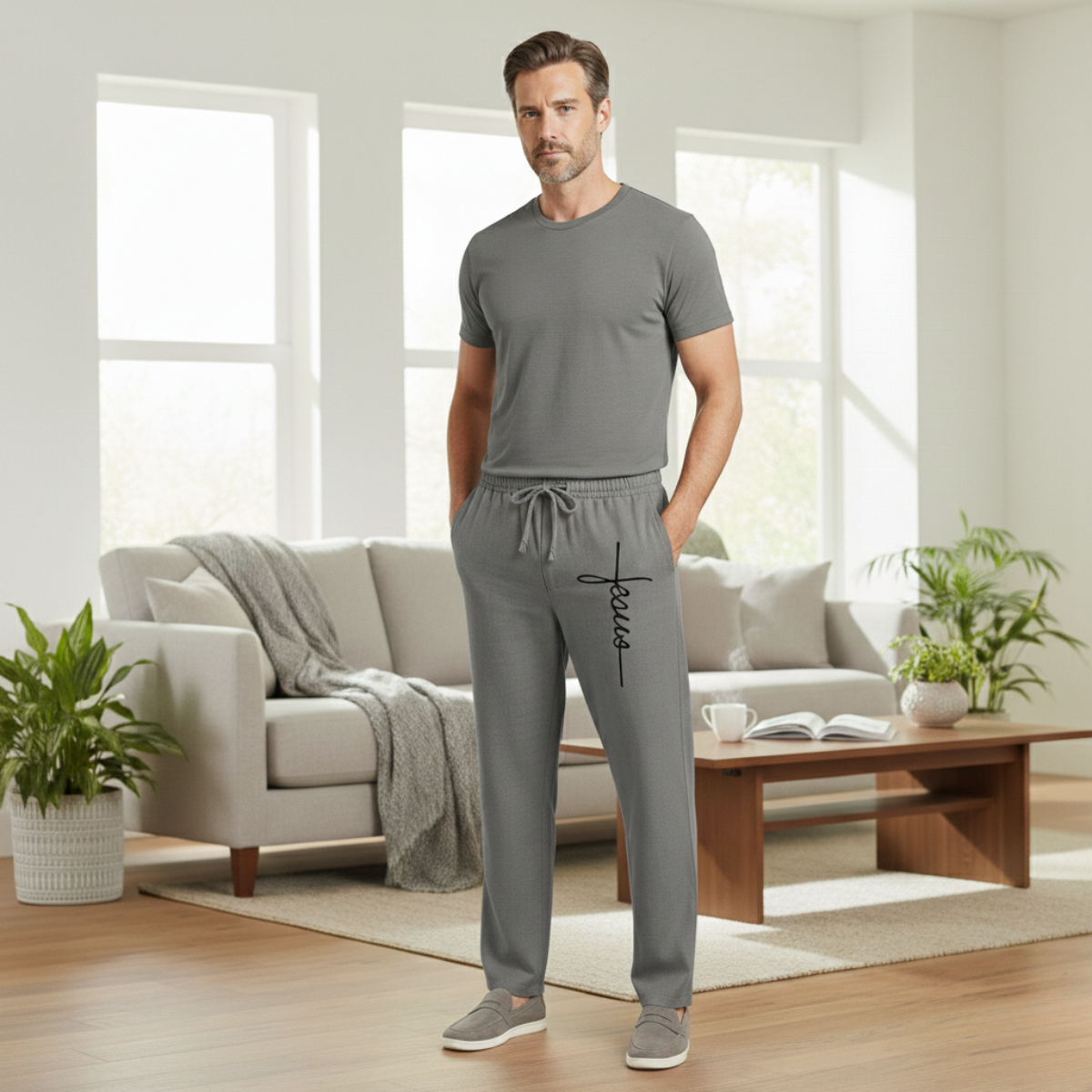 Otto | Men's Casual Linen Pants Gray Drawstring Wide Leg