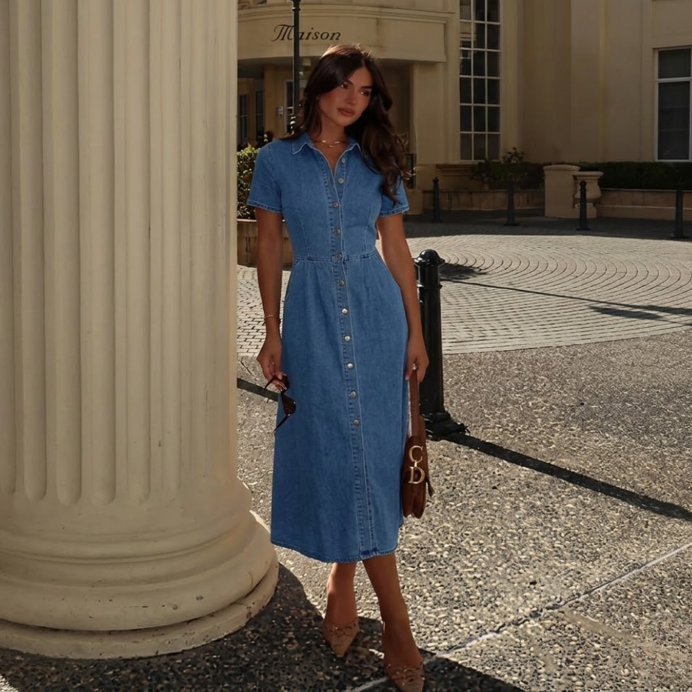 Dama Washington Isla women's denim shirt dress light blue short sleeve - view 3