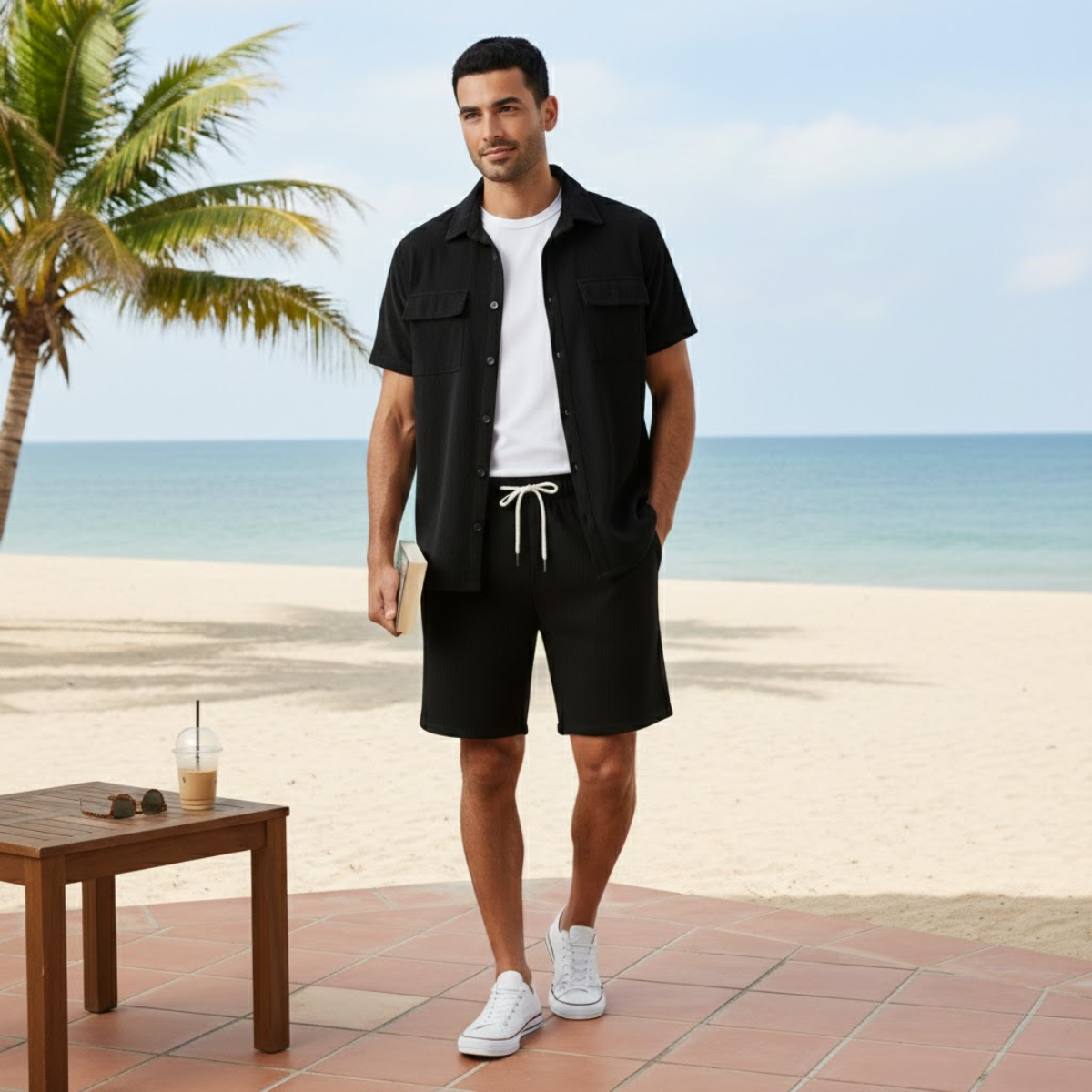 Beau | Men's Casual Corduroy Shorts Set Tan Short Sleeve