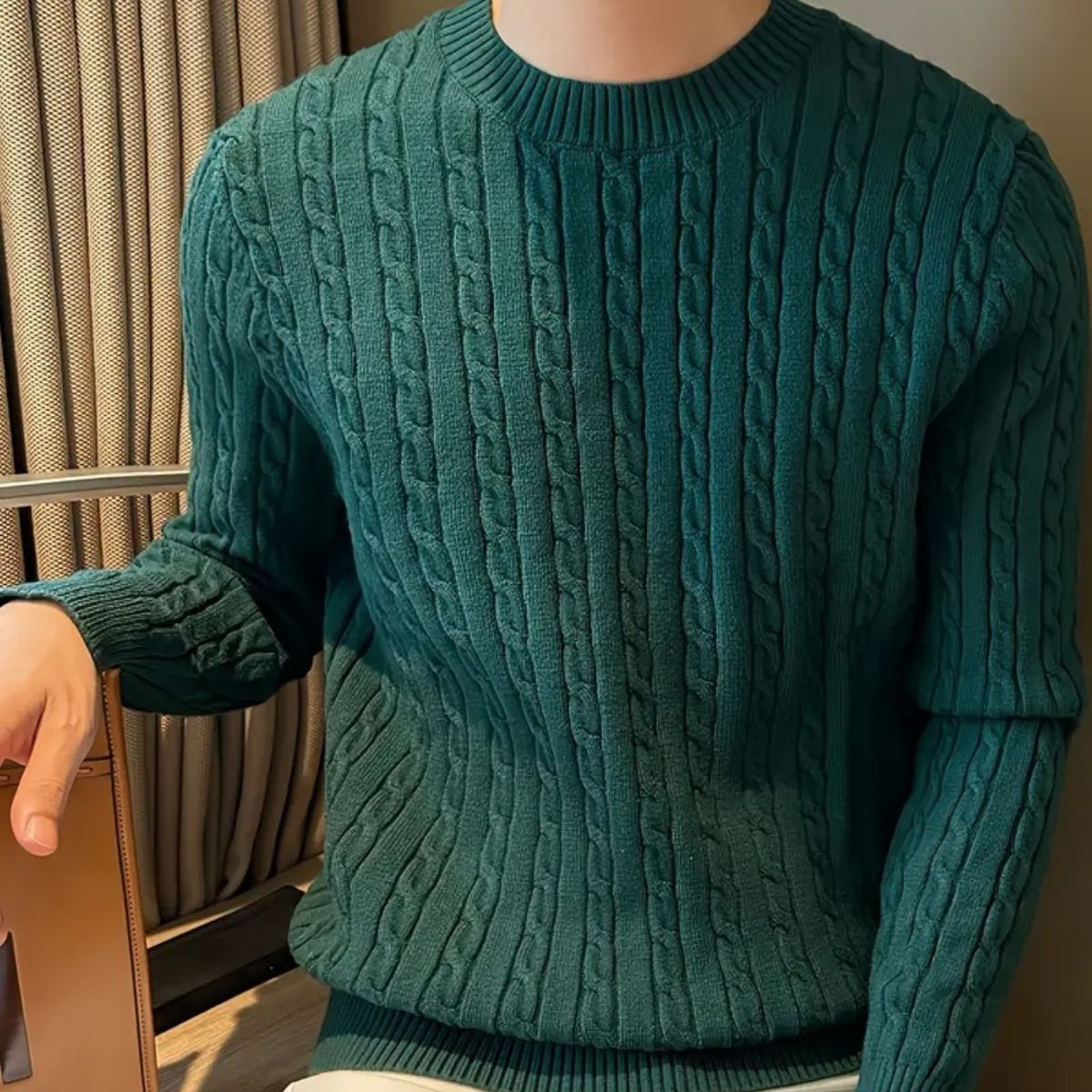 Callum | Men's Cable Knit Sweater Crew Neck Forest Green