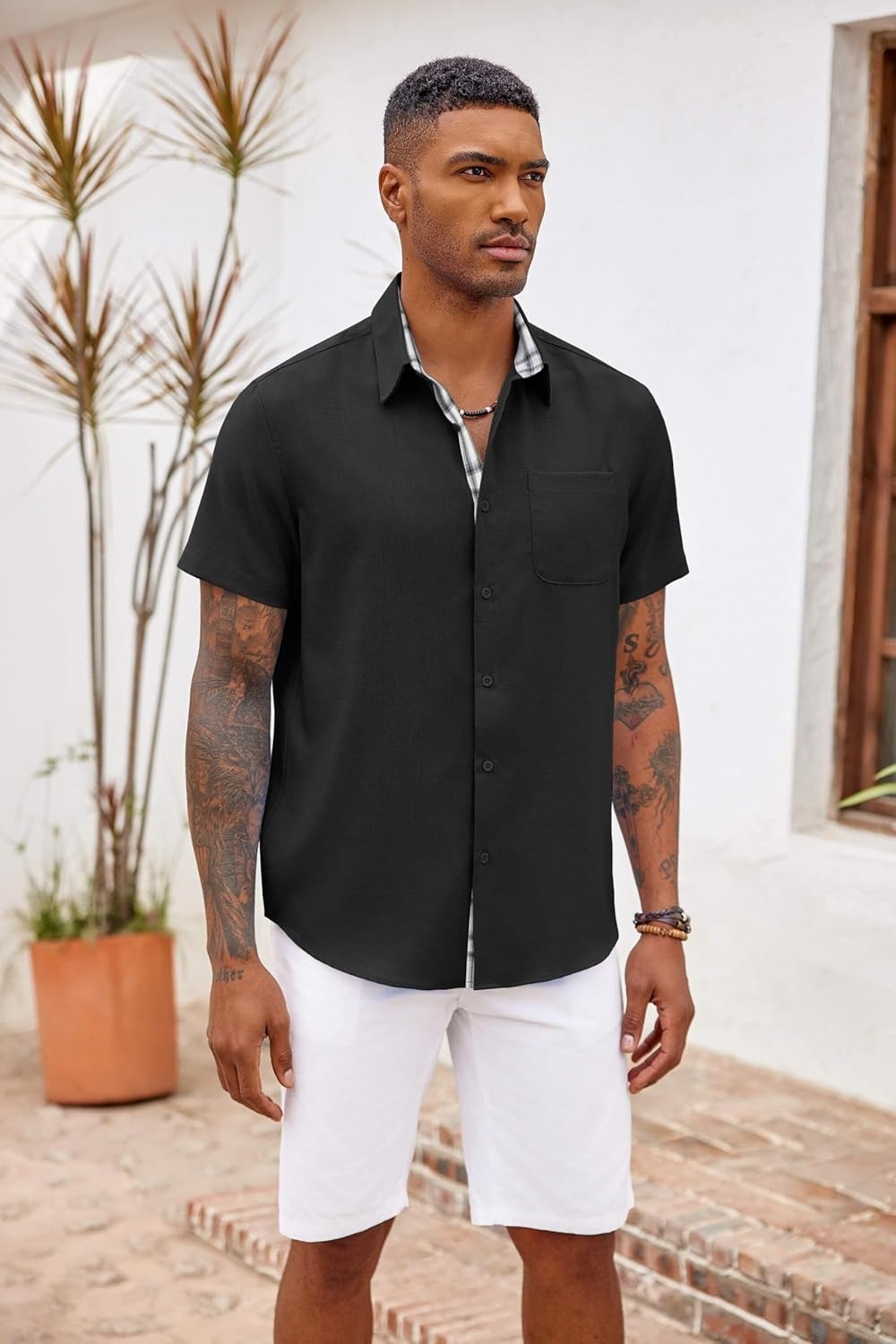 Demi | Men's Linen Shirt Light Blue Short Sleeve Button Down