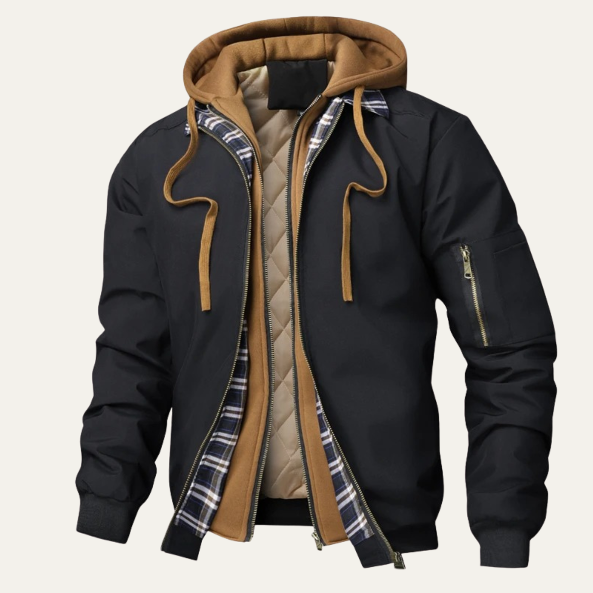 Callum | Men's Hooded Bomber Jacket Black Fleece Lined