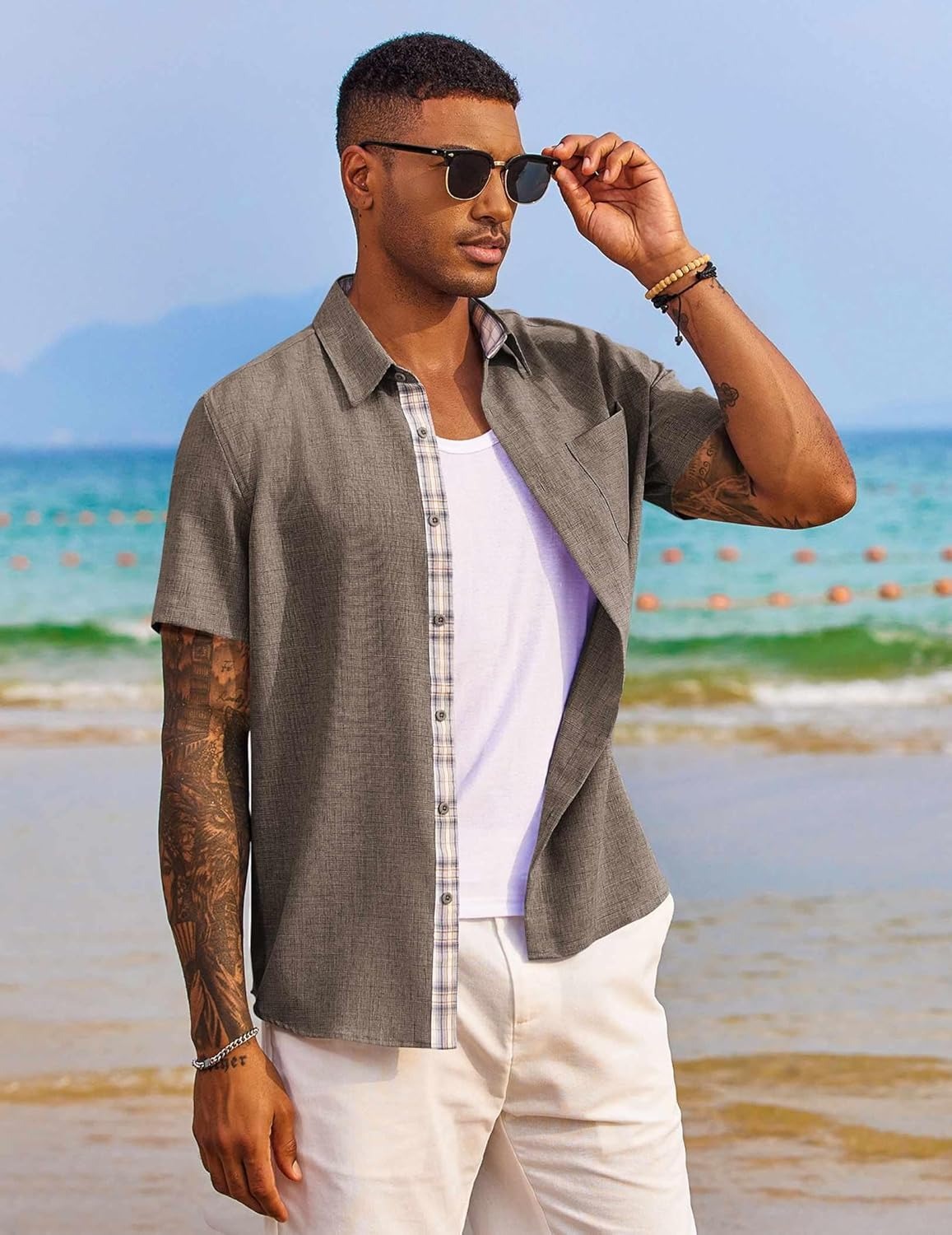 Demi | Men's Linen Shirt Light Blue Short Sleeve Button Down