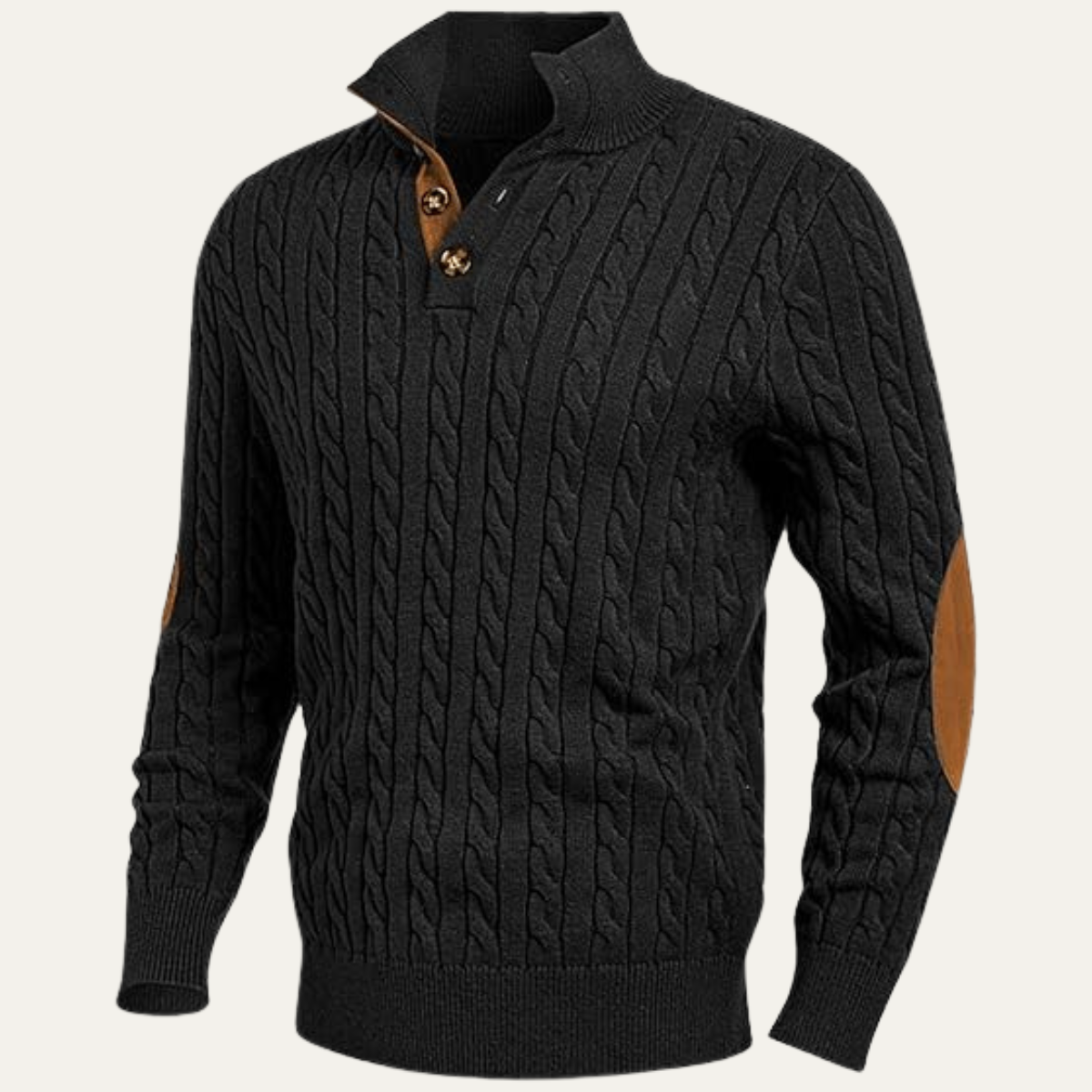 Bram | Men's Cable Knit Sweater Black Elbow Patch Quarter Zip