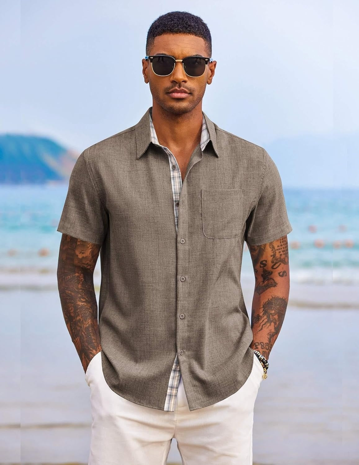 Demi | Men's Linen Shirt Light Blue Short Sleeve Button Down