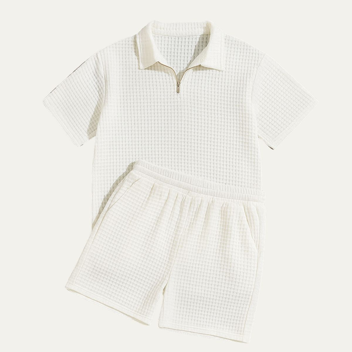 Marco | Men's Casual Waffle Knit Sweatsuit Cream Short Sleeve