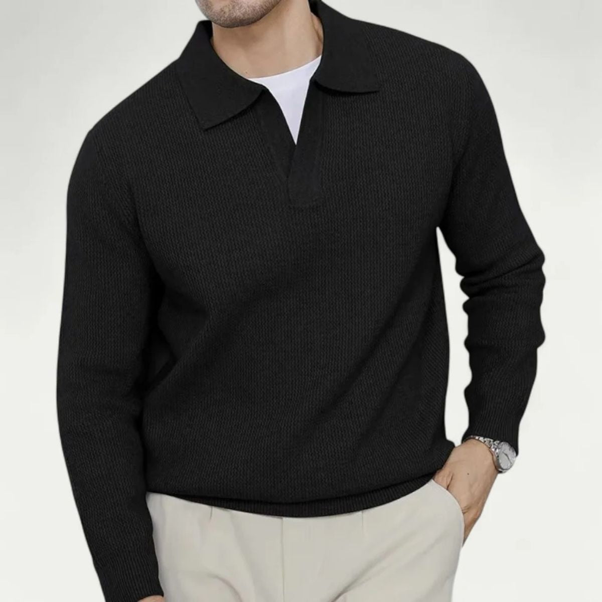 Beau | Men's Ribbed Polo Collar Sweater Gray Long Sleeve
