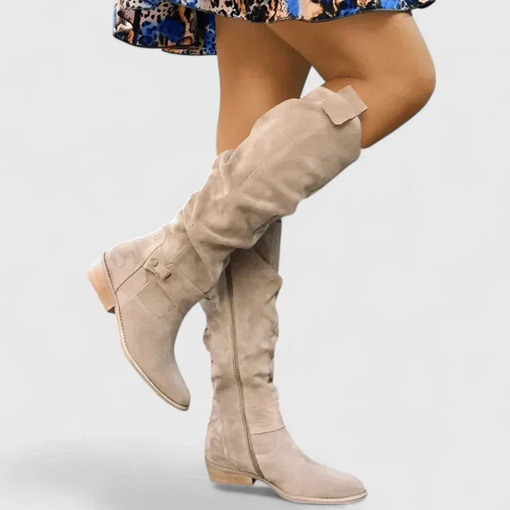Maren | Women's Suede Knee High Boots Cream Buckle Detail