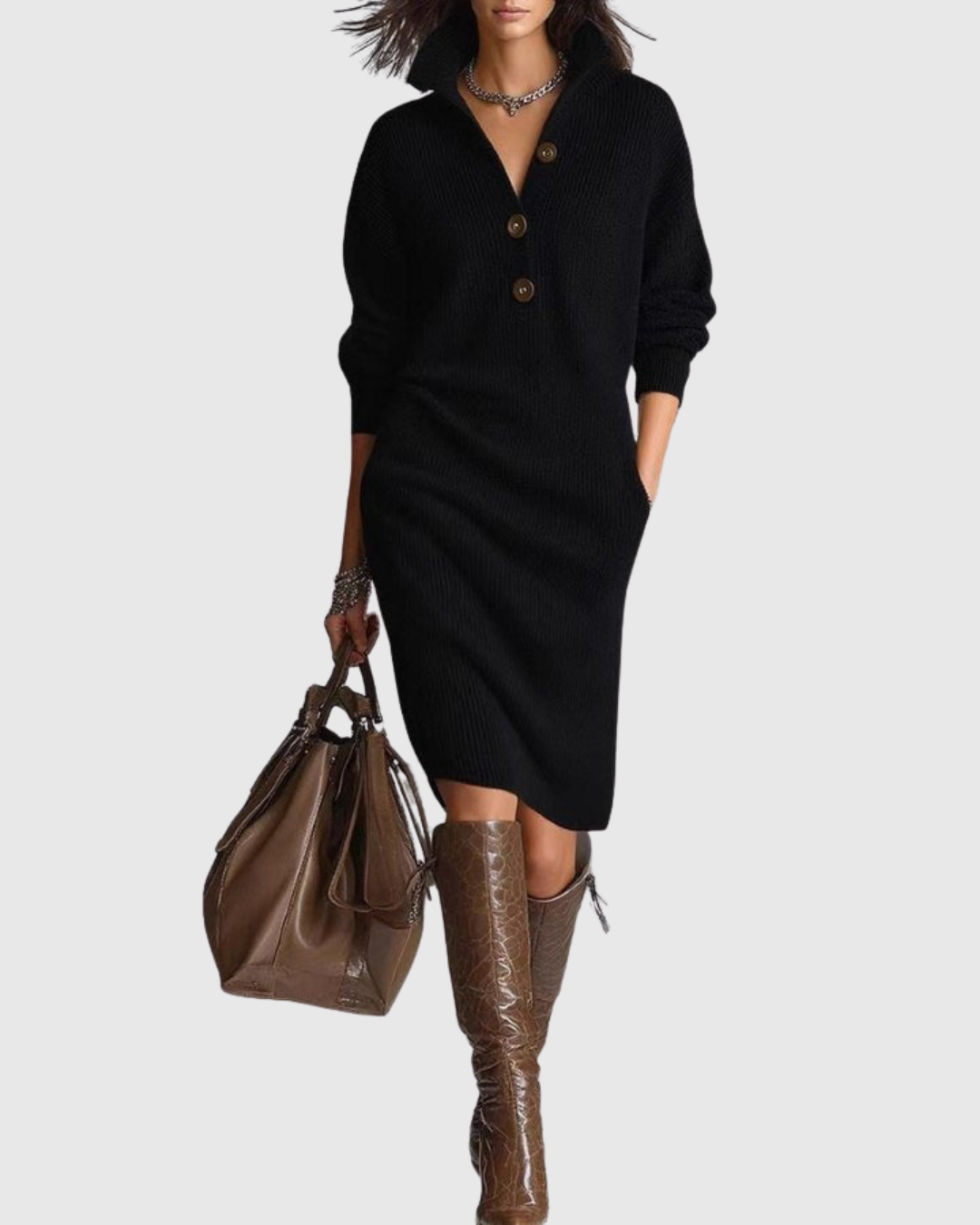 Ivy | Women's Knit Sweater Dress Black Button Up
