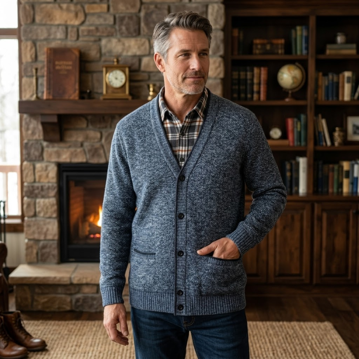 Beau | Men's Cardigan Gray Cable Knit Button Up Pockets