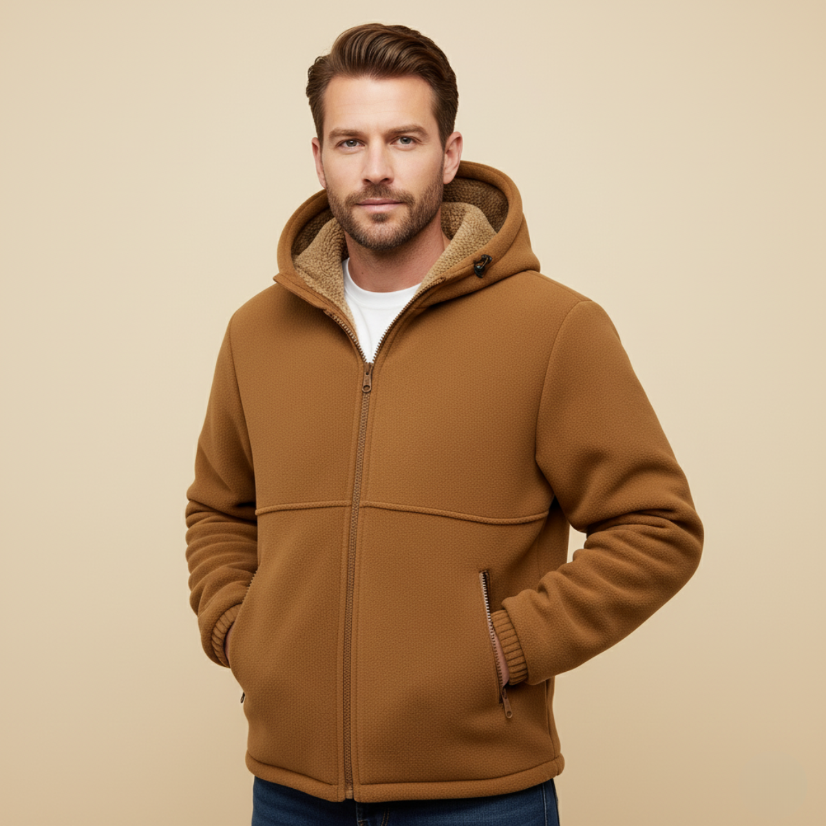 Rowan | Men's Sherpa Lined Fleece Jacket Camel Hooded