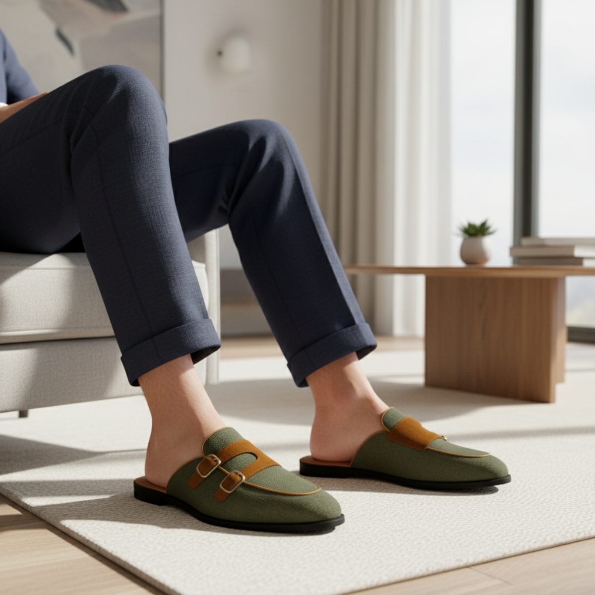 Marco | Men's Slip On Loafer White Canvas Brown Buckle