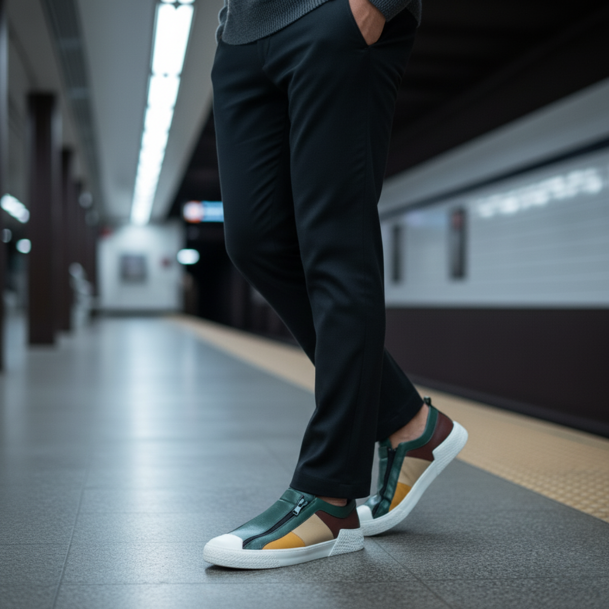 Ash | Men's Colorblock Zip Sneaker Green White Leather
