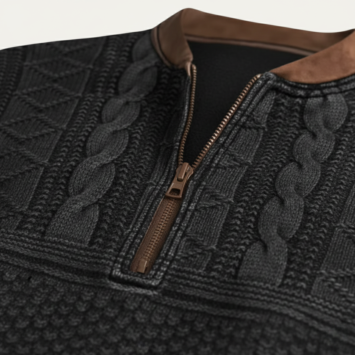 Beau | Men's Cable Knit Sweater Black Brown Elbow Patches Quarter Zip