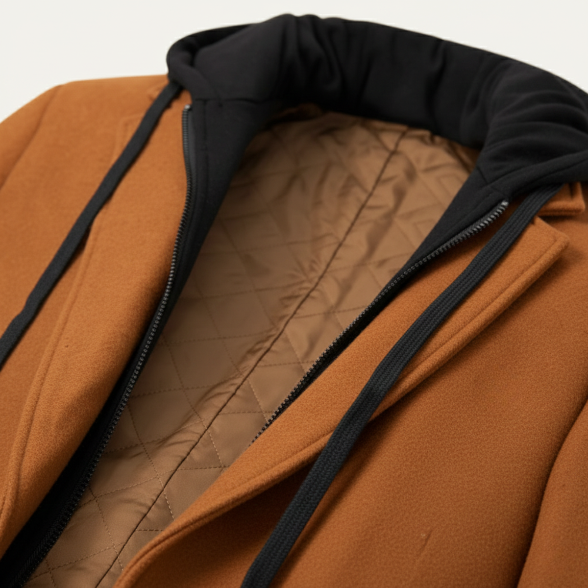 Bram | Men's Wool Overcoat Caramel Hooded Quilted Lining