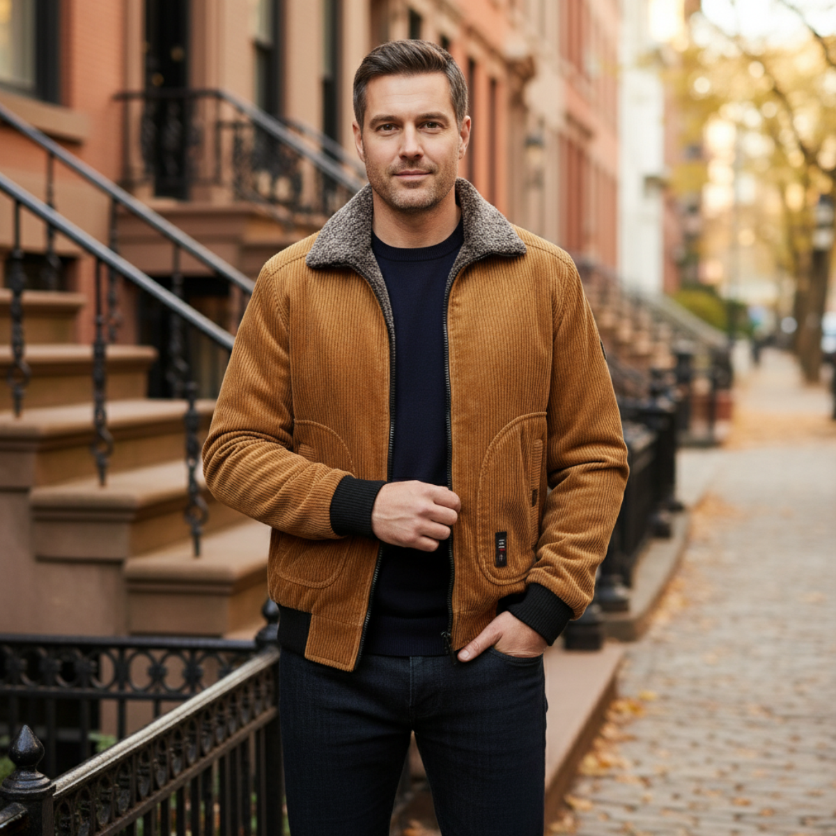 Axel | Men's Corduroy Jacket Camel Fleece Lined Fur Collar