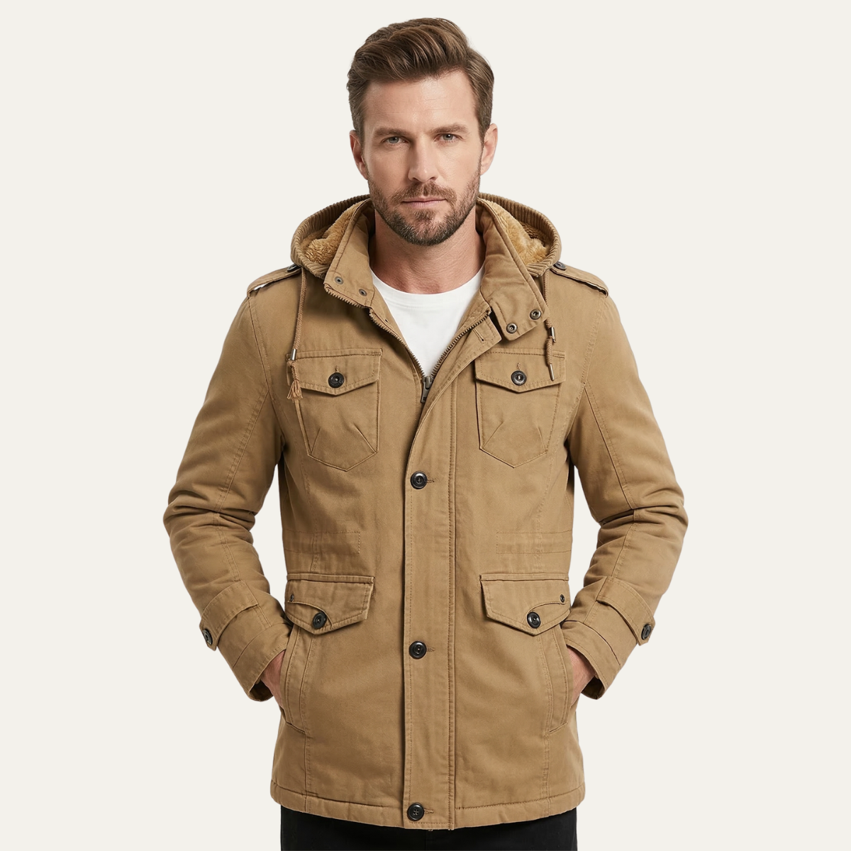 Luca | Men's Utility Jacket Khaki Fleece Lined Hooded