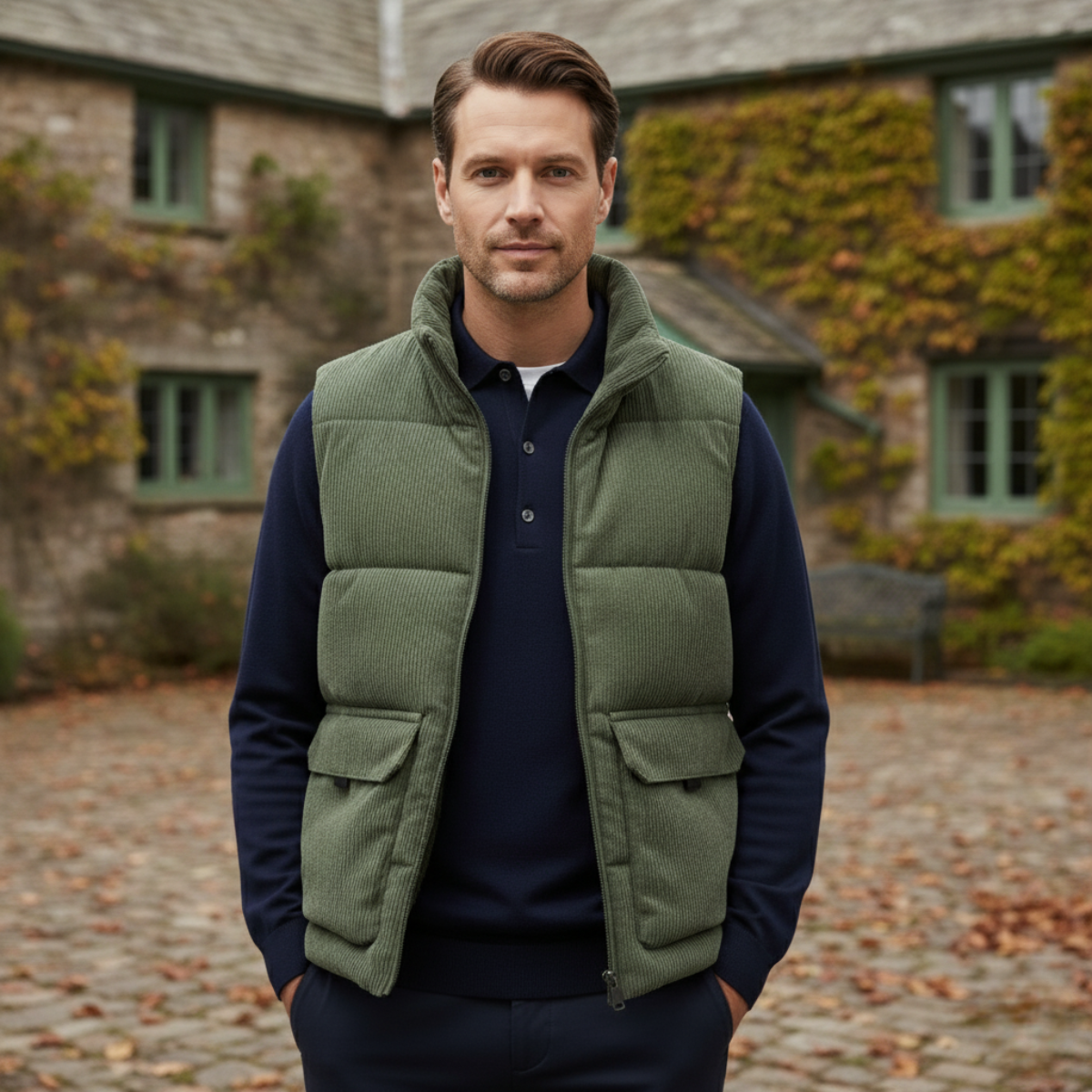 Bram | Men's Corduroy Puffer Vest Tan Sherpa Lined