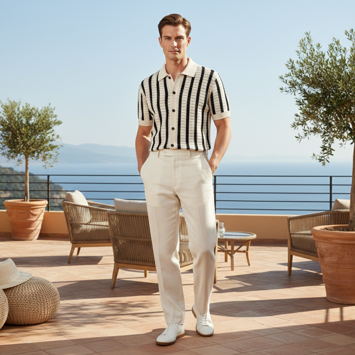 Orrin | Men's Striped Knit Polo Shirt Cream Black Short Sleeve
