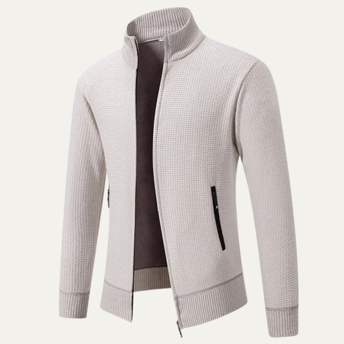 Ives | Men's Quarter Zip Cardigan Cream Knit Stand Collar