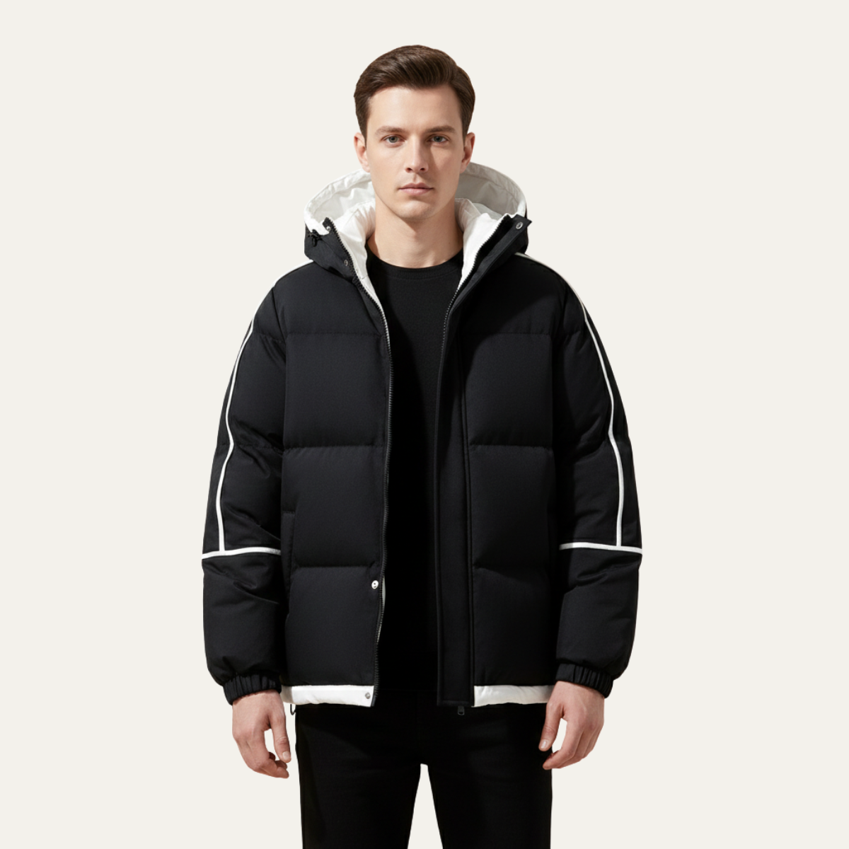 Jude | Men's Puffer Jacket Black White Hooded Waterproof