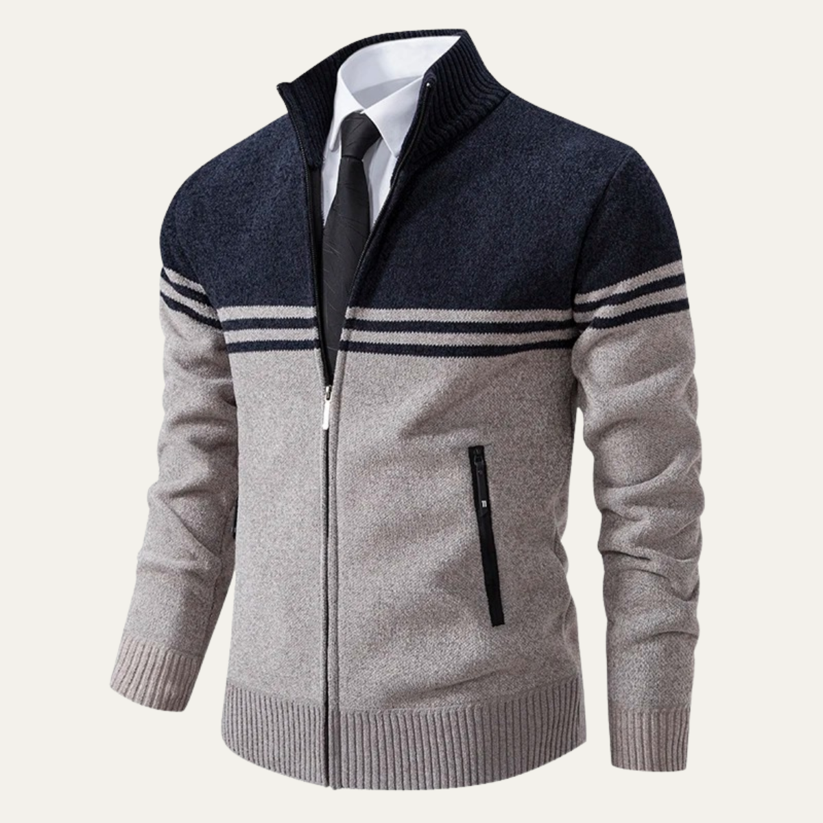 Voss | Men's Striped Zip Up Cardigan Gray Navy
