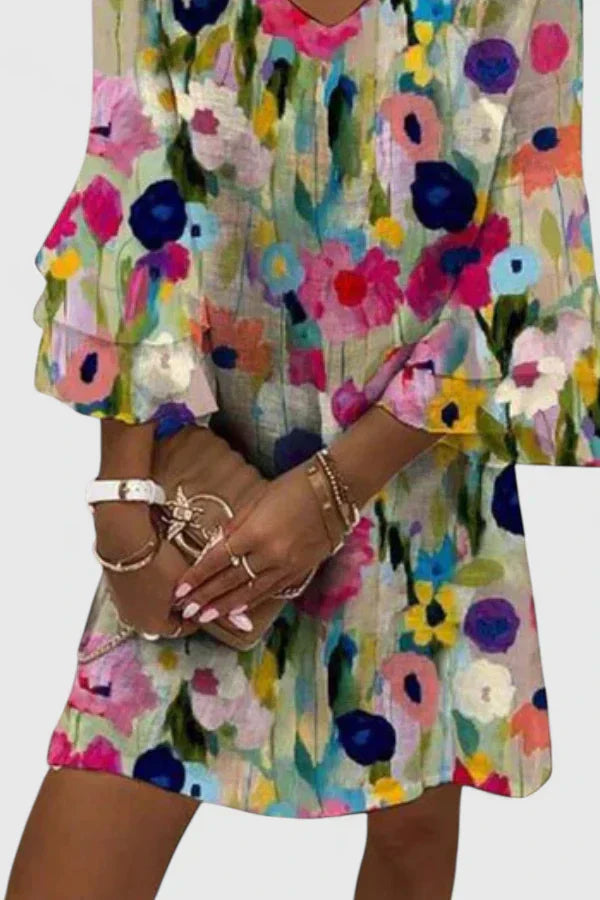 Nola | Women's Floral Print Dress Three Quarter Sleeve Multicolor