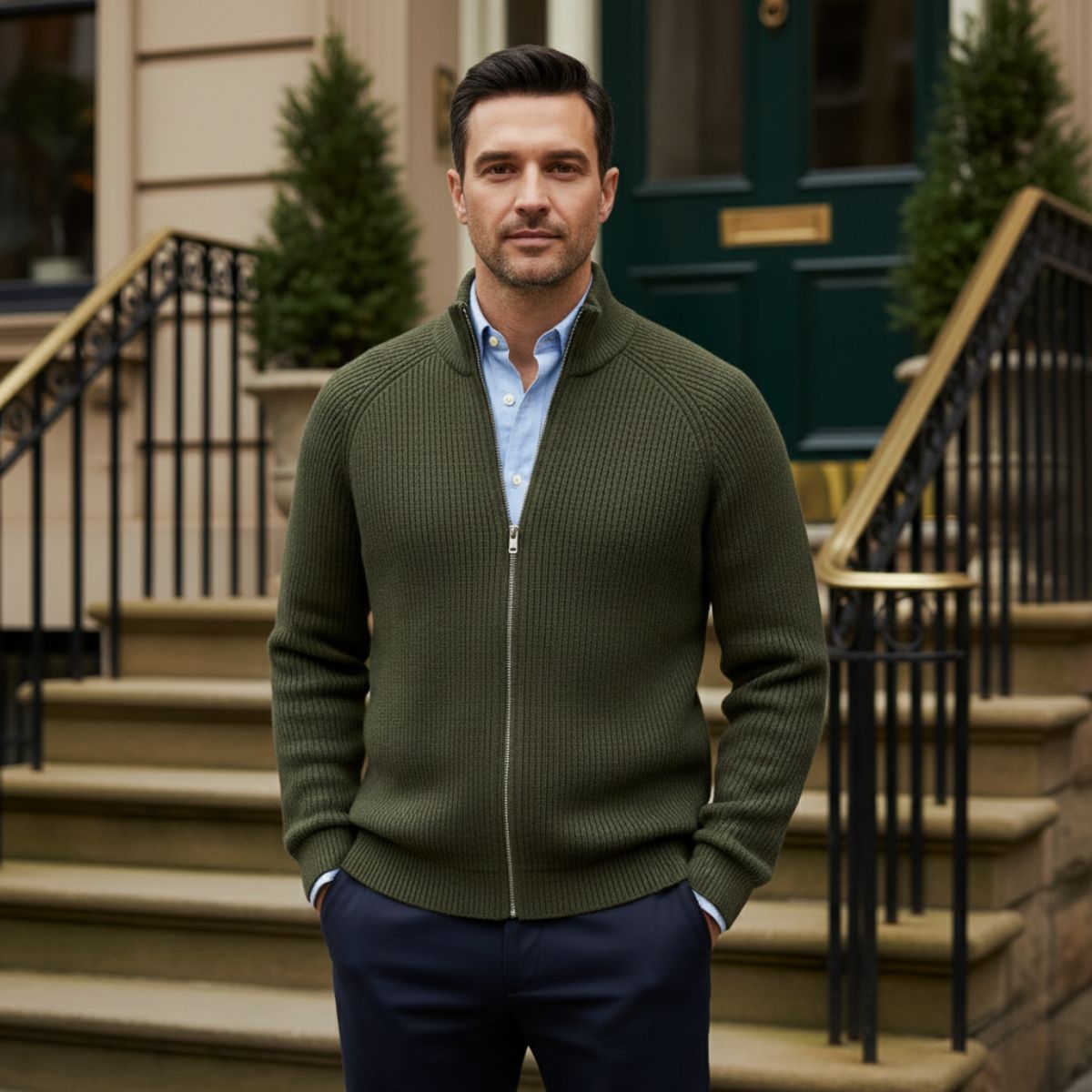 Bram | Men's Cardigan Sage Green Zip Up Ribbed Knit