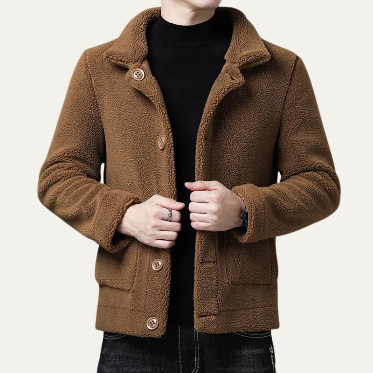 Rhys | Men's Fleece Jacket Black Textured Button Front