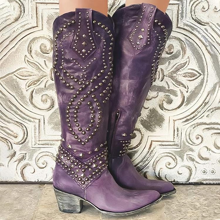 Aria | Women's Studded Cowboy Boots Purple Leather Knee High