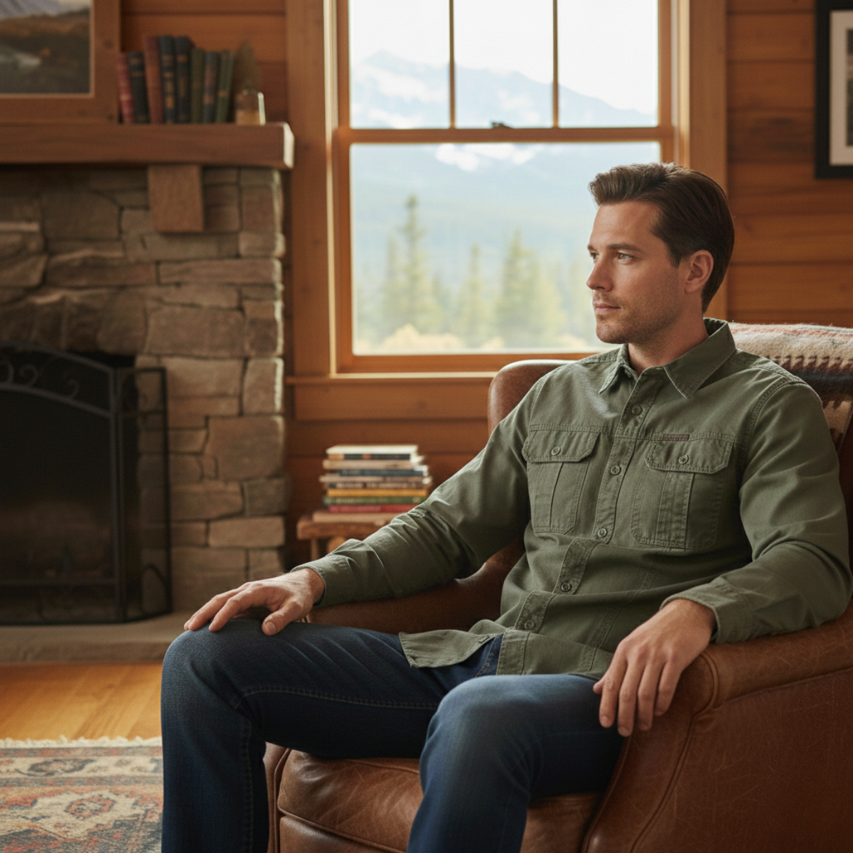 Beau | Men's Casual Utility Shirt Olive Green Multi Pocket